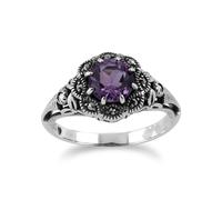 Art Nouveau Stile Rotondo Ametista E Marcasite Floreale Anello IN 925 Argento