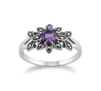 Art Nouveau Stile Rotondo Ametista E Marcasite Floreale Anello IN 925 Sterling