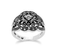 Art Nouveau Stile Rotondo Marcasite Grappolo Anello IN 925 Argento Sterling
