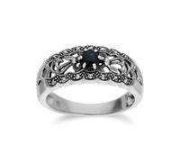 Art Nouveau Stile Rotondo Zaffiro & Marcasite Floreale Fedina IN Argento