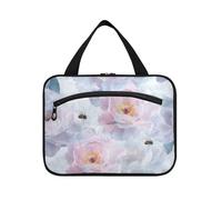 Art Peonie Fiore Argento e Bianco Hanging Borse per le Donne Impermeabile con Gancio, Designer Borsa Pieghevole con Scomparti per Bagno Donna Bolsa de maquillaje para Mujer L