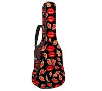 Art Red Lips & Leaves - Custodia per chitarra acustica con 2 tasche, tracolla regolabile e gancio posteriore, adatta per chitarre elettriche, bassi e chitarre classiche, Labbra e foglie rosse d'arte,