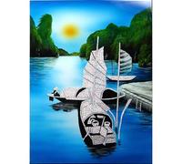 Art Saigon Quadri in legno laccato dipinto e guscio d'uovo, motivo Baia di Ha Lungo, L20 x H30 cm, fatti a mano - pittura murale decorativa, stile asiatico, artigianato vietnam (S61-9527)