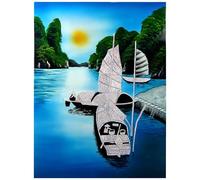 Art Saigon Quadri in legno laccato dipinto e guscio d'uovo, motivo Baia di Ha Lungo, L30 x H40 cm, fatti a mano - pittura murale decorativa, stile asiatico, artigianato vietnam (S61-965)
