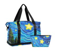 Art Starry Meadow - Borsone da viaggio grande blu e giallo, borsa da viaggio a tracolla per il fine settimana con borsa da toeletta per trekking pieghevole, Prato stellato arte blu e giallo, 1 size