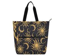 Art Sun Moon Gold Black Kid Tote Bag per ragazzi ragazze adulti, gotico grande biblioteca libro tote shopping bag con manici con cerniera per la scuola shopping drogheria arcobaleno materiale