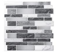 Art3d Set di 10 pezzi, Piastrelle da parete autoadesive, Piastrelle adesive nere e grigie con motivo di marmo per cucina, aspetto marmo,bagno, effetto mosaico, 30x30cm