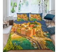 ARTAMA Set Copripiumino 3D Stampa Cinque Terre 3 Pezzi Set Biancheria da Letto 220x240cm Set Città Costiera Copripiumino in Microfibra con Chiusura A Cerniera E 2 Federe 50x75cm