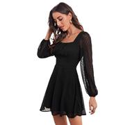 ARTANT Women's Casual Ruched Bust Lantern Sleeve DOT Short Dress High Waist Party Black Dress
