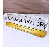 Artblox Personalized Name Plate for Desk | Gold Stripe On Clear Acryli