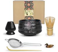 Artcome Kit per Cerimonia del Tè Giapponese, Ciotola Tradizionale per Matcha, Frusta, Paletta, Colino in Polvere - Set per Preparare Latte Usucha, Koicha (Nero)