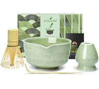 Artcome Set da tè Matcha da 4 pezzi, kit completo per cerimonia giapponese con ciotola, frusta, supporto per frusta, paletta e guida, verde chiaro screziato