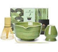 Artcome Set da tè Matcha da 4 pezzi, kit completo per cerimonia giapponese con ciotola, frusta, supporto per frusta, paletta e guida, verde screziato