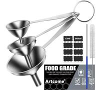 Artcome Set di 3 imbuto da cucina in acciaio inox con manico lungo, imbuto in metallo 3 in 1 per uso alimentare per trasferire liquidi, polveri e particelle, imbuti erogatori, mini imbuti - lavabili