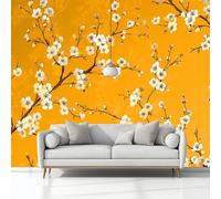Arte Cinese Fiori Bianchi Carta Da Parati 3D Fotomurale 300 x 210 cm Giallo Murali, Per Soggiorno Divano Tv Hotel A Tema Corridoio Di Lusso Sfondo Dipinto Murale