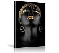 Arte da parete afroamericana in tela da donna con ritratto nero e oro per soggiorno, camera da letto, arte africana, decorazione da parete, pittura nera, pronta da appendere, 40,6 x 61 cm