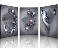Arte da parete con cornice per camera da letto effetto metallo 3D amore cuore coppia decorazione artistica da parete per soggiorno 3 pezzi stampe moderne astratte grigio nero e bianco su tela poster