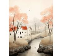 Arte da parete Countryside River - Poster Casetta con tetto rosso -...