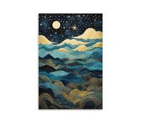 Arte da parete in tela con paesaggio geometrico di montagna per camera da letto stellata e luna stile astratto decorazione murale poster per la stanza estetica