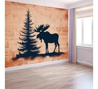 Arte da Parete Pini con Venature del Legno Cervi Murales Personalizzati Stile Retrò Carta da Parati Fotografica per Cameretta Bambini, Camera da Letto 350 x 256 cm, Carta da Parati in Effetto 3D