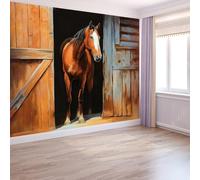 Arte da Parete Vinatura Del Legno Cavallo Strisce Murales Stile Fattoria Carta da Parati Fotografica per Cameretta Bambini, Camera da Letto 400 x 280 cm (L x A), Carta da Parati in Effetto 3D