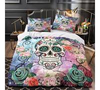 Arte del teschio di zucchero copripiumino Set di 3 Pezzi microfibra morbida stampa 3D con federe incluso federe Giorno dei Morti Set Di Copripiumino for bambini e adolescenti Single（140x200cm）