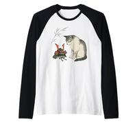Arte della Natura Giapponese: Casco Samurai e Gatto Giappone Kanji Art Maglia con Maniche Raglan