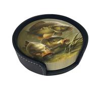 Arte della pesca alla carpa,Set di 6 sottobicchieri rotondi, sottobicchieri in pelle PU con supporto per casa, ufficio, cucina