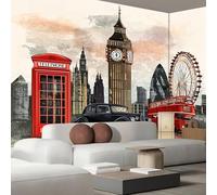 Arte D'Epoca Carta Da Parati - Big Ben Autobus Rosso Adesivo Tessuto Di Seta Murale,Per Camera Da Letto Soggiorno Sala Da Pranzo 450L × 315A Cm,Rosso