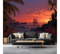 Arte Digitale Tramonto Isola Tropicale Barca Vela Carta Da Parati 3D Fotomurale 400 x 280 cm Colore Arancione Murali, Per Soggiorno Divano Tv Hotel A Tema Corridoio Di Lusso Sfondo Dipinto Murale