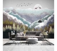Arte Dipinta A Mano Montagne Innevate Alci Uccelli Boschi 3D Carta Da Parati Facile Installare Mobili Sfondi Ufficio Divano Camera Letto Sfondo Decorazione Murale-200cm×140cm