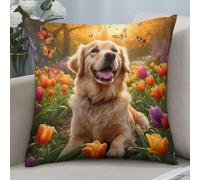 Arte Floreale con Tulipano E Cane Golden Retriever 2 Pezzi Caso Fodere Interessante Federa Cuscino Elegante Fodere per Cuscini per Casa Patio Letto 45X45Cm