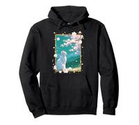 Arte Giapponese Gatto Sotto Luna Sakura Bianco Cherry Blossom Felpa con Cappuccio