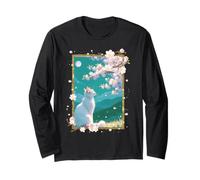 Arte Giapponese Gatto Sotto Luna Sakura Bianco Cherry Blossom Maglia a Manica