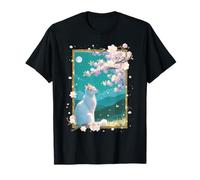 Arte Giapponese Gatto Sotto Luna Sakura Bianco Cherry Blossom Maglietta