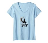 Arte Giapponese Samurai Spirit Warrior per Uomo Maglietta con Collo a V, Donna, Celeste, S