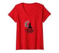 Arte Giapponese Samurai Spirit Warrior per Uomo Maglietta con Collo a V, Donna, Rosso, S