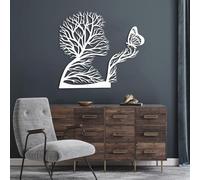Arte murale Astratta in Metallo Bianco con Volto e Albero, Arte murale in Metallo con Donna e Farfalla per Camera da Letto, Decorazione murale con Volto e Albero, Scultura Moderna per Soggiorno, Came