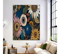 Arte Murale Girasole Bohémien Grande Fiori Astratti Hd Pittura Su Tela Poster Stampa Su Tela Blu Scuro Casa Camera Da Letto Soggiorno Decorazione Parete 60X80Cm Senza Cornice