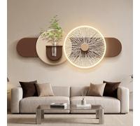 Arte Murale in Arenaria LED 3D Orizzontale con Vaso Pianta Artificiale, Scultura Luminosa Calda Plug-in per Soggiorno Camera Ingresso(150x60cm/59x23.6in,C)