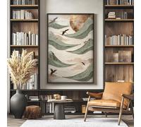 Arte murale su tela testurizzata, arte Wabi Sabi con onde giapponesi, poster Japandi con uccelli in volo, arte murale Scandi Zen nei toni della terra, cornice 30x40 cm