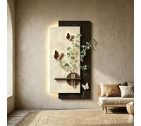 Arte murale verticale rilievo farfalla 3D arenaria, luce LED con vaso in vetro, decorazione a spina minimalista per soggiorno camera ingresso(140x70cm(55.1x27.5),B)