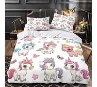 Arte per bambini con unicorni Impressione 3D 3 pz coperteletto Creature magiche dei cartoni animati fodera per edredone microfibra traspirante zip per bambini ragazze adulti Double（200x200cm）