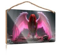 Arte per il bagno divertente con una donna con ali rosa incandescente siede tra teschi in una foresta buia cartello boscoso indie decorazione per la stanza da appendere all'aperto (15 x 28 cm)