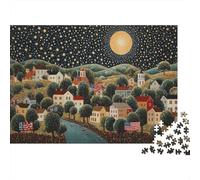 Arte popolare|Luna piena e stelle Over A Country Town| Puzzle Divertenti Per Tutta La Famiglia 1000pcs (75x50cm) Adulti