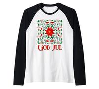 Arte Popolare Norvegese Rosemaling God Jul Christmas Poinsettia Maglia con Maniche Raglan