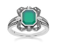 Arte Stile Déco Baguette Calcedonio E Marcasite Anello IN Argento Sterling