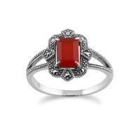 Arte Stile Déco Baguette Corniola & Marcasite Anello IN 925 Argento Sterling