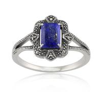 Arte Stile Déco Baguette Lapislazzuli E Marcasite Anello IN 925 Argento Sterling
