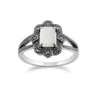 Arte Stile Déco Baguette Madreperla e Marcasite Anello IN 925 Argento Sterling